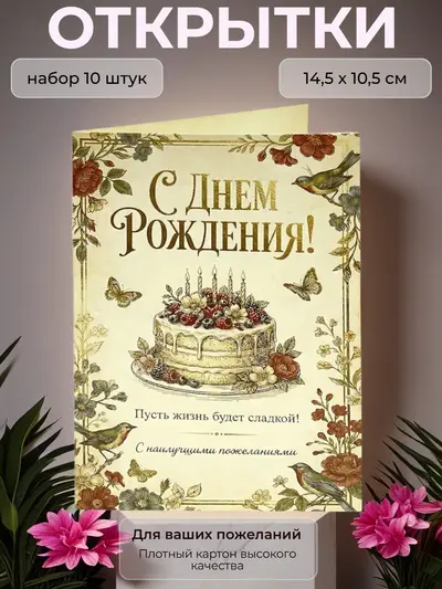 Открытка с Днём Рождения "Пусть жизнь будет сладкой", набор 10 шт., 10,5 х 14,5 см.